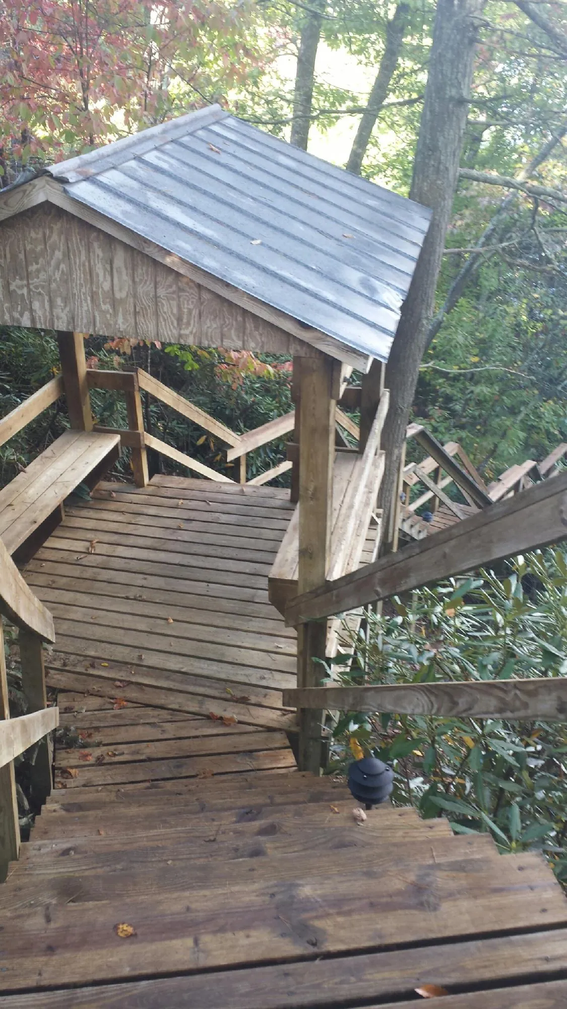 Metal roofed shelter over wooden steps on a wooded walkway — Skylight Repair & Installation work by our crew in Merrill